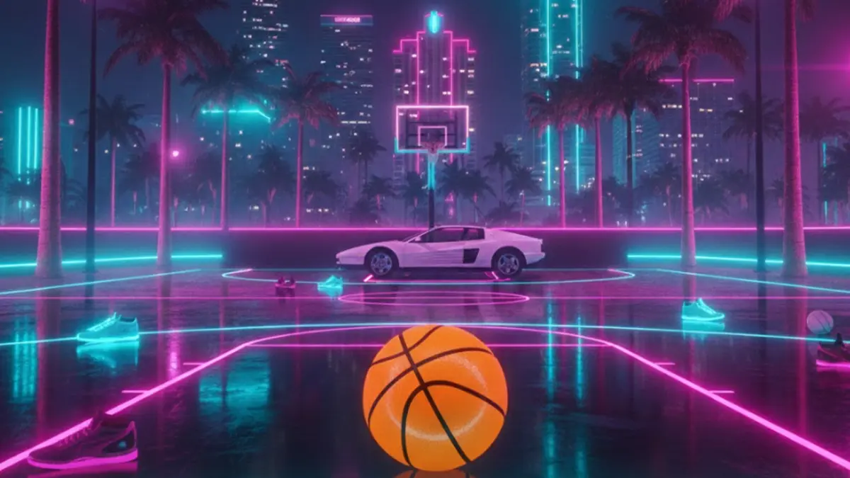 Miami Vice aesthetic basketball court with neon cyan and laser fuchsia lighting, tropical palm trees, and a cartoon basketball at center court.