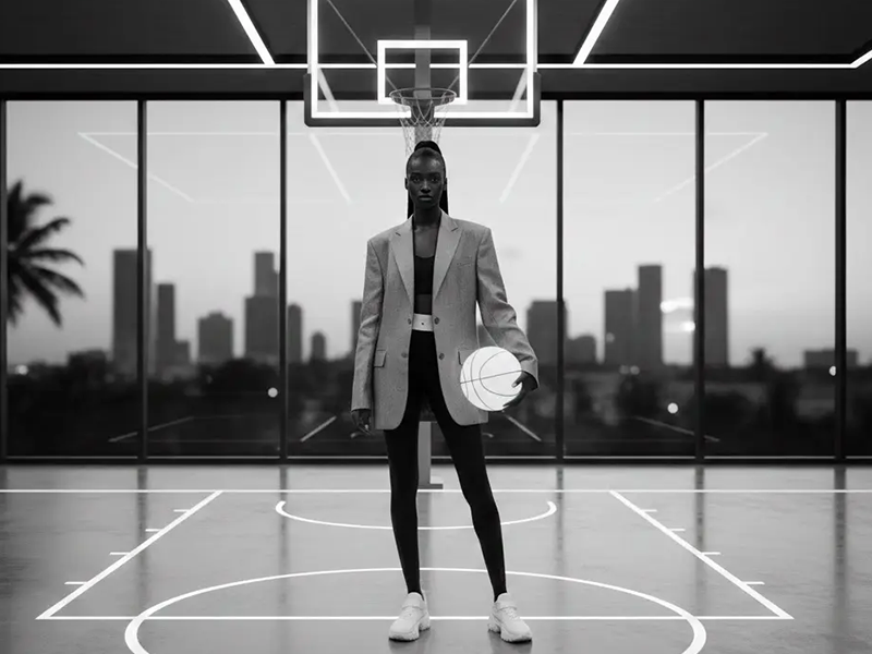 Breeze BC basketball style: minimalist oversized grey blazer, black performance leggings, and white tech sneakers