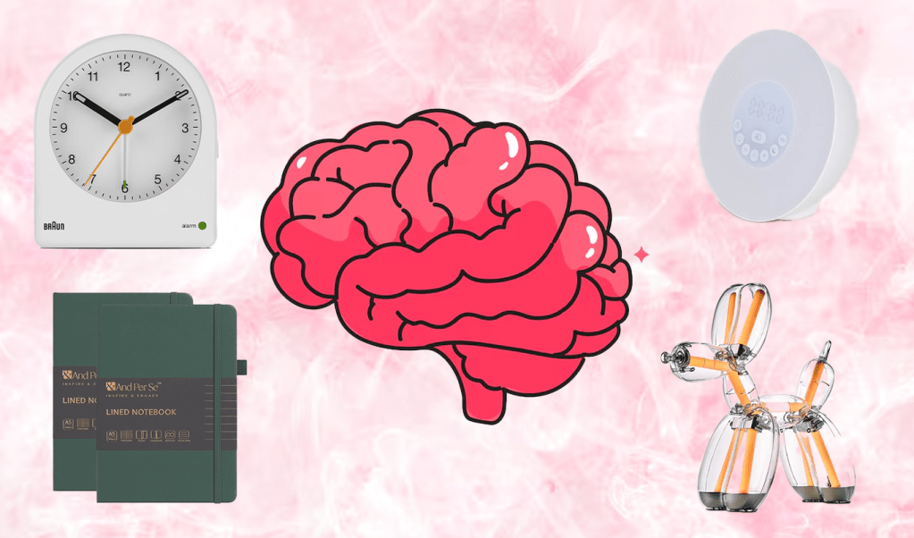 brain-wealth-analog-habits-brain-pink-background-with-clocks-journals-bubble-dog-in-text