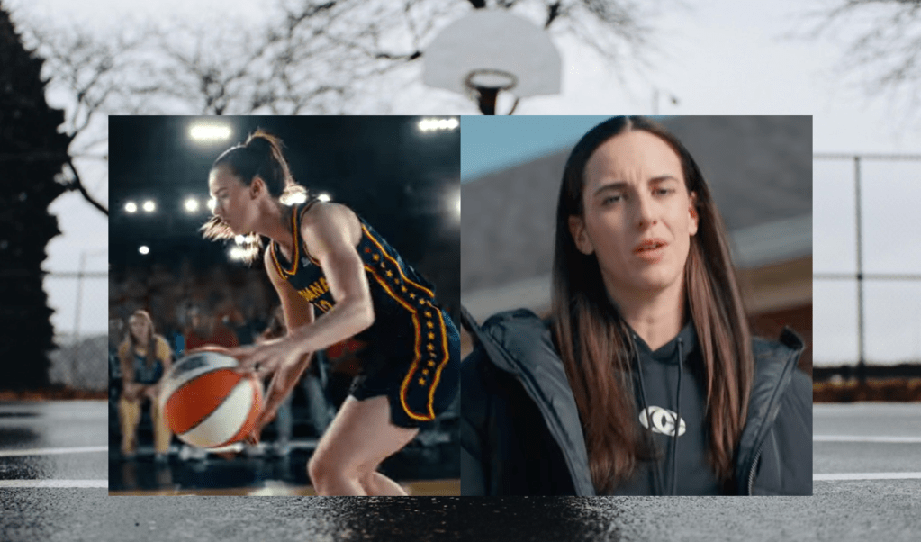 caitlin clark stills from commercial depicted amongst basketball background