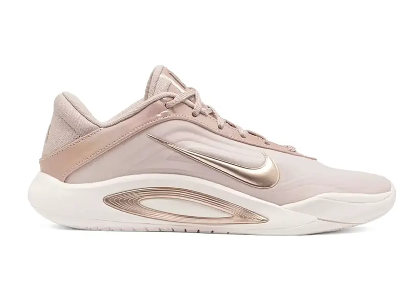 Close-up of the textured pearl-inspired Nike Swoosh on the A’One Stone Mauve, a tribute to A’ja Wilson’s grandmother.