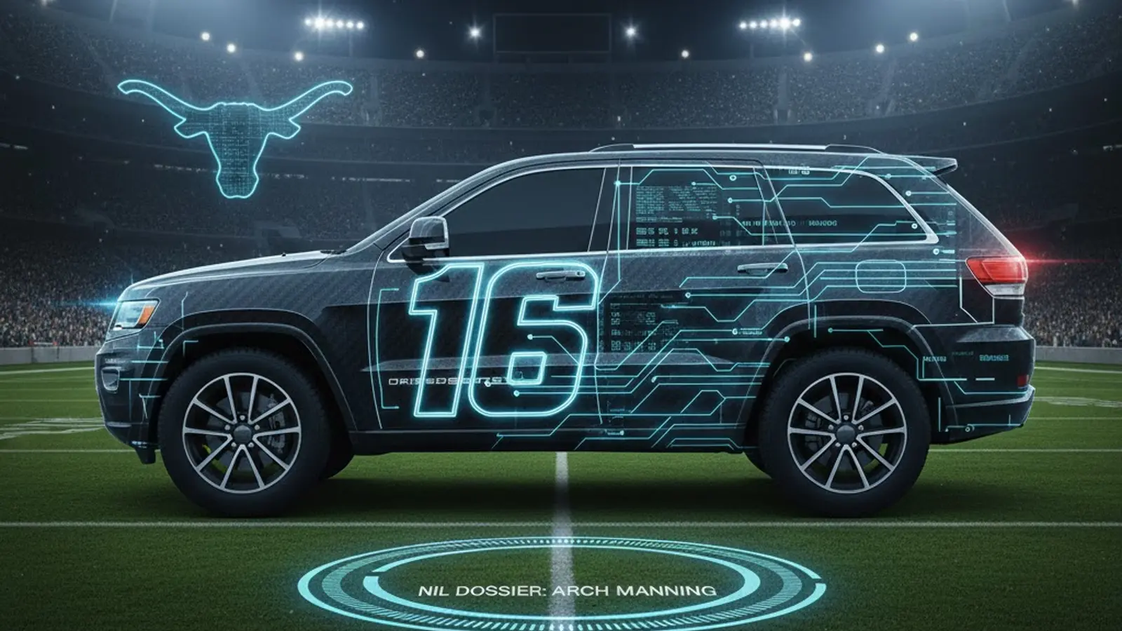Arch Manning Texas Longhorns jersey number 16 with a blacked-out Jeep Grand Cherokee on a football field background, NIL dossier concept.