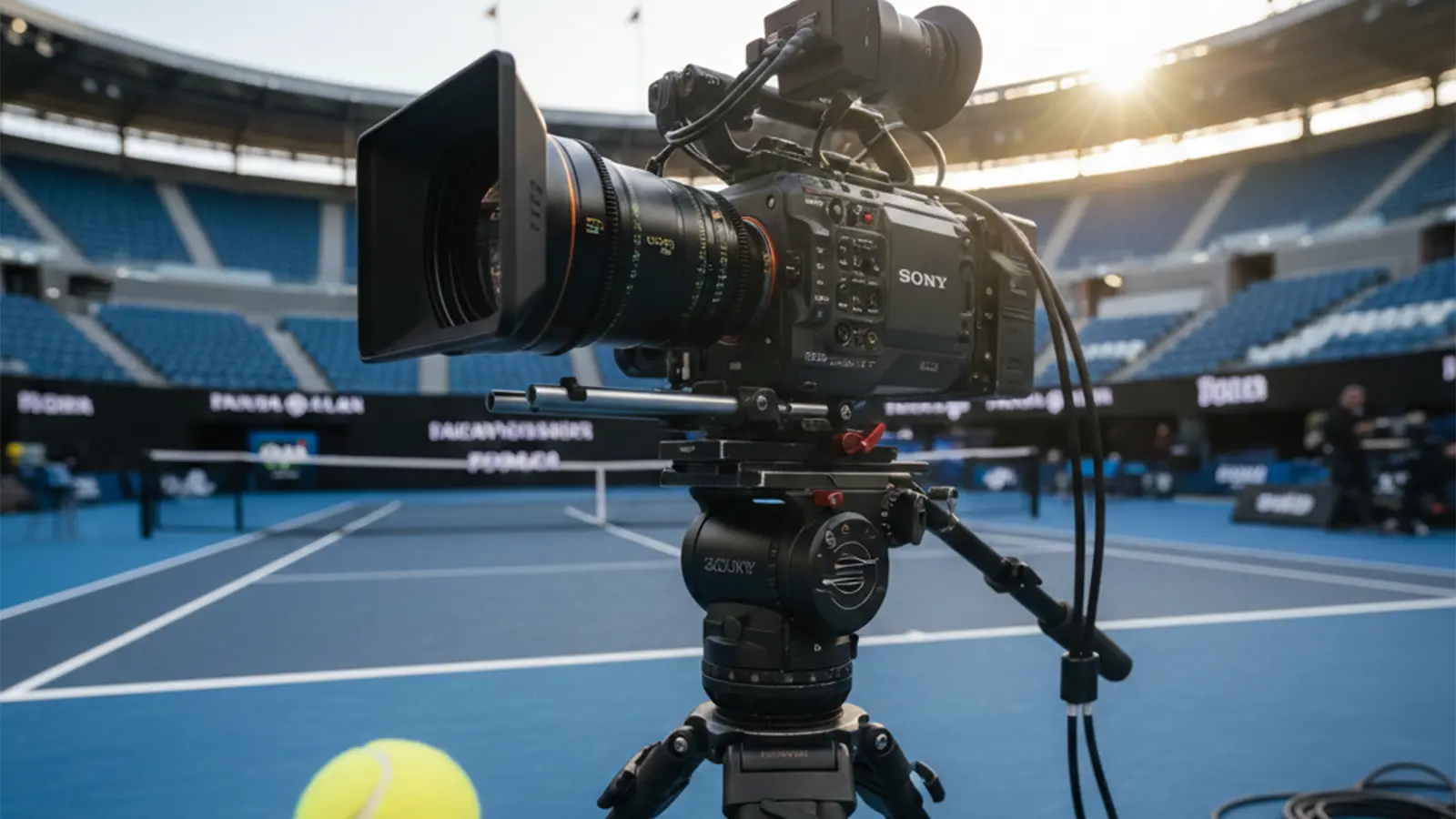 Sony Venice 2 high-end cinema camera rigged on a tripod at a blue professional tennis court for the Australian Open 2026 broadcast.