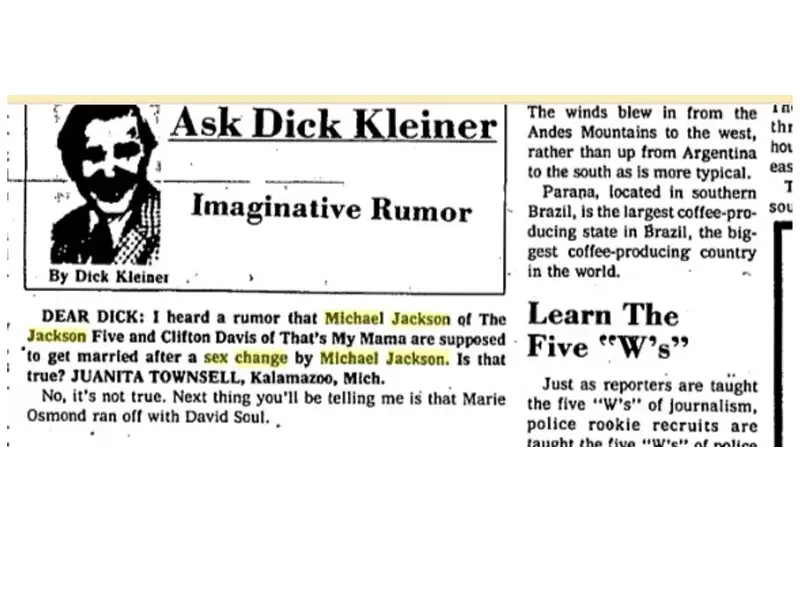 An archival newspaper clipping used as primary evidence in the investigation into Michael Jackson’s early media treatment and the origin of tabloid misinformation.