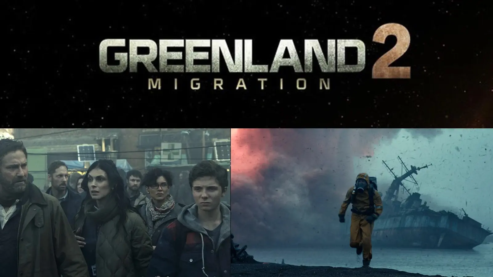 Official poster for Greenland 2: Migration featuring Gerard Butler and Morena Baccarin against a desolate, ash-covered Icelandic landscape and a shattered sky.