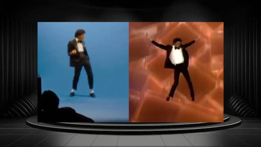 A side-by-side comparison of Jaafar Jackson and Michael Jackson, highlighting the identical silhouette and posture.