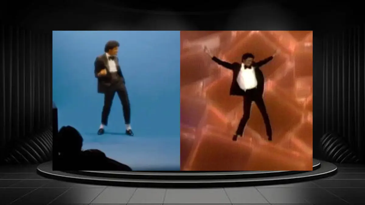 A side-by-side comparison of Jaafar Jackson and Michael Jackson, highlighting the identical silhouette and posture.