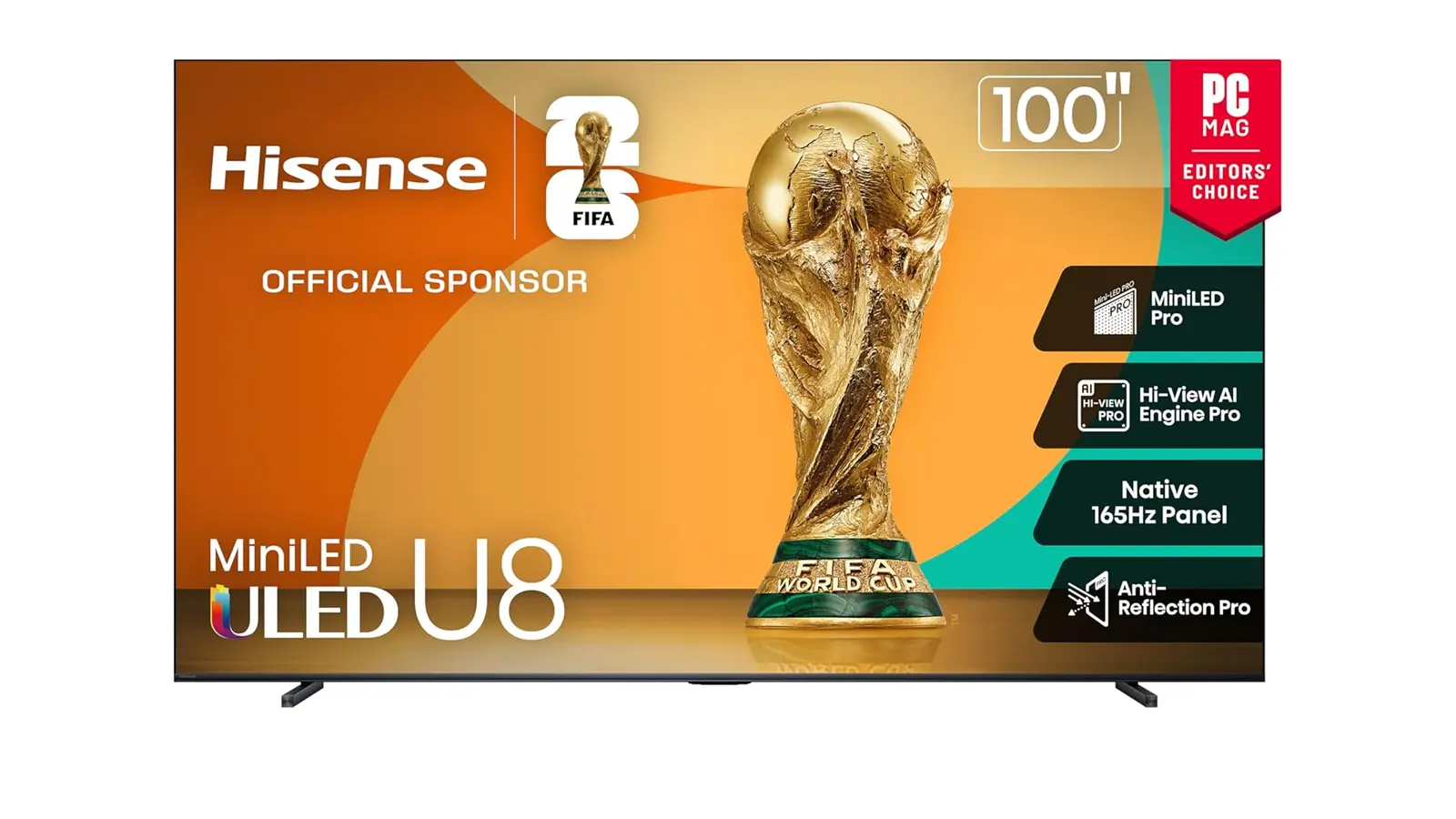 Hi Sense Oled TV showing a high-speed football pass with 165Hz motion clarity in a bright luxury living room.