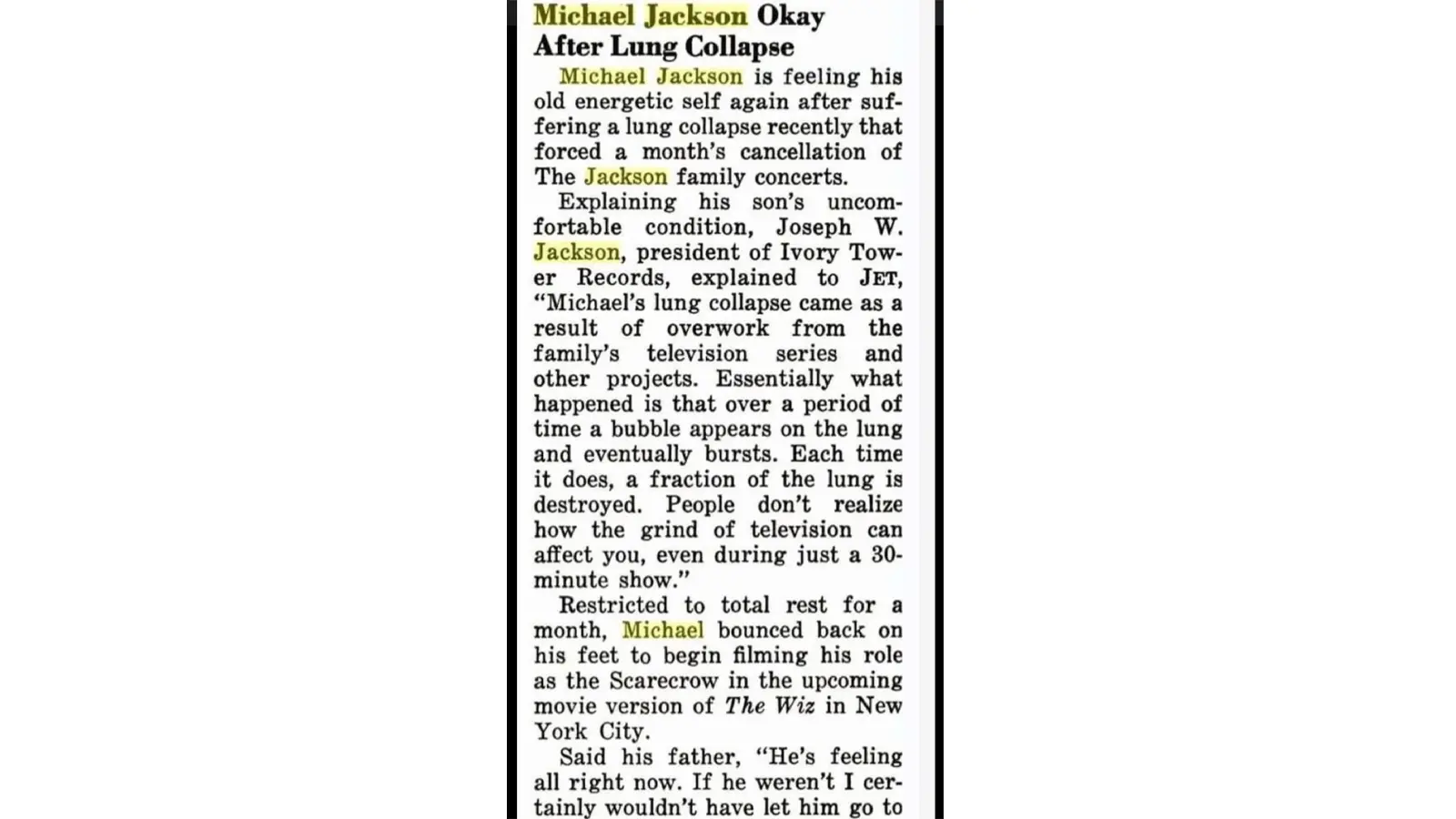 Archival newspaper clipping from 1977 detailing Michael Jackson’s medical diagnosis and clinical battle with Lupus.