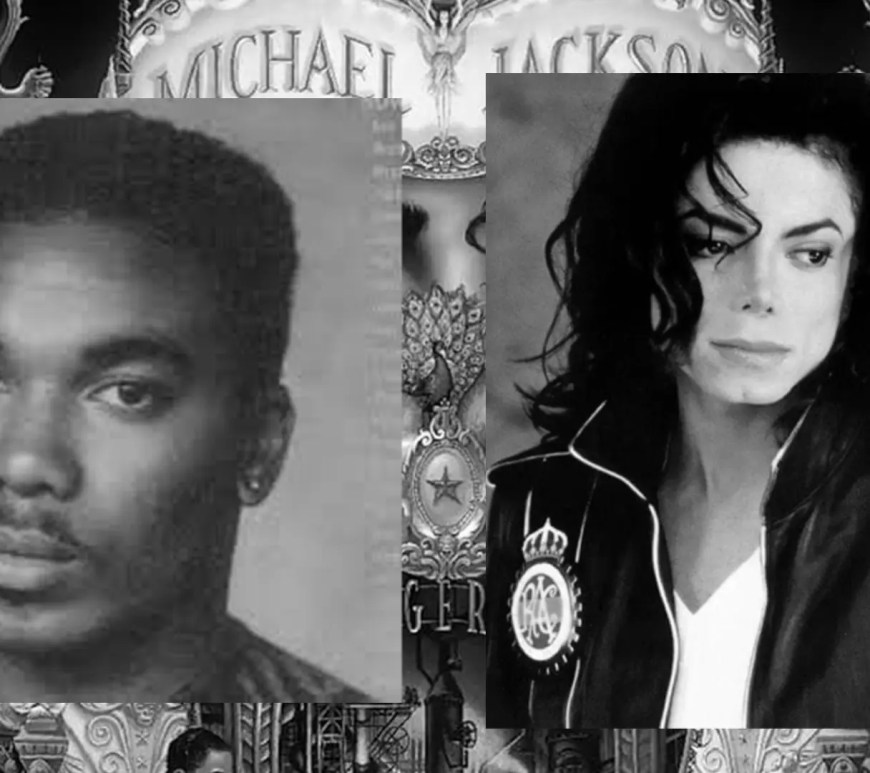 A side-by-side portrait of Michael Jackson and music collaborator Bryan Loren. Jackson is in his signature 1990s aesthetic, while Loren is shown as a young producer during their creative peak.