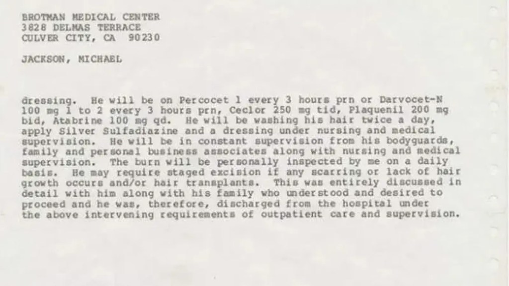 1984 report from Brotman Medical as an evaluation into 'Michael Jackson Burned in Pepsi Ad Disaster' detailing the Shrine Auditorium pyrotechnic failure.