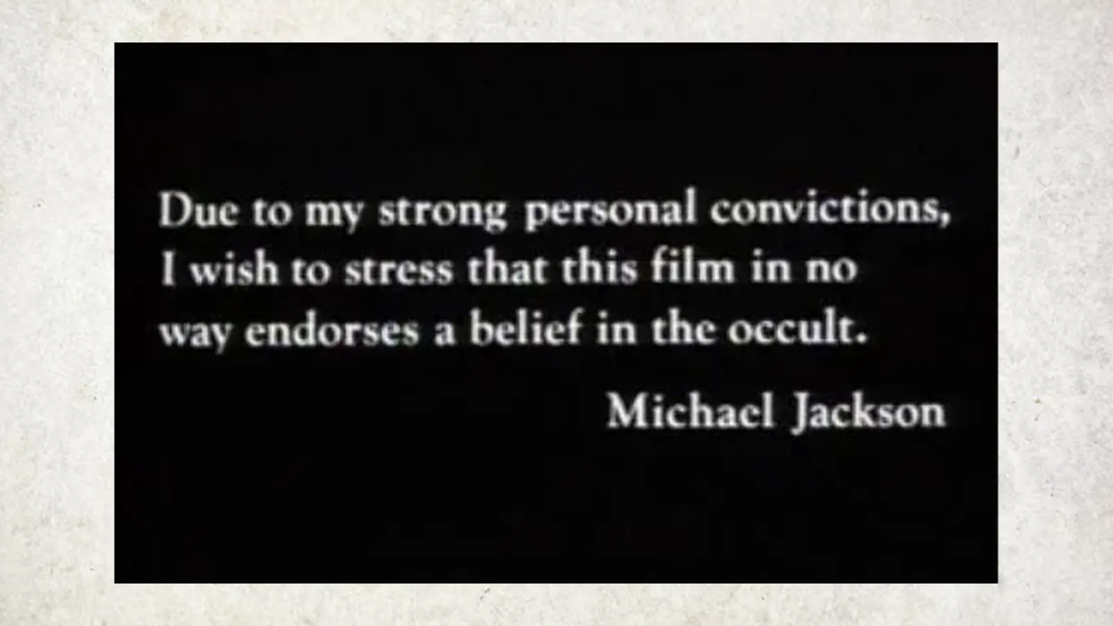 A high-contrast technical graphic featuring the original 1983 Thriller music video disclaimer regarding Michael Jackson's personal convictions and the occult, presented in a declassified dossier style.