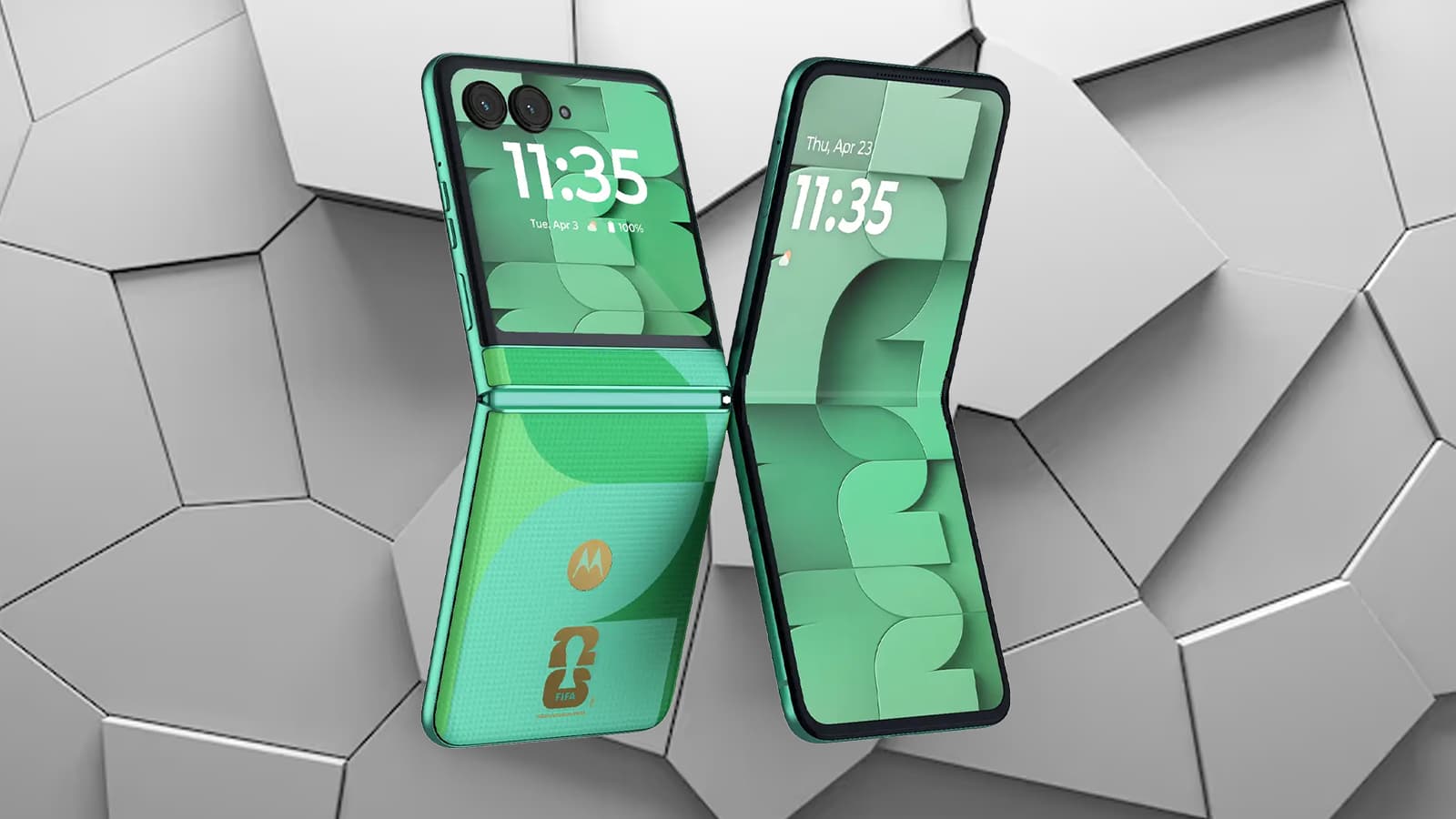 Motorola Razr 50 Ultra FIFA World Cup 2026 edition in Sovereign Green, displayed half-folded against a technical grey 3D architectural background.