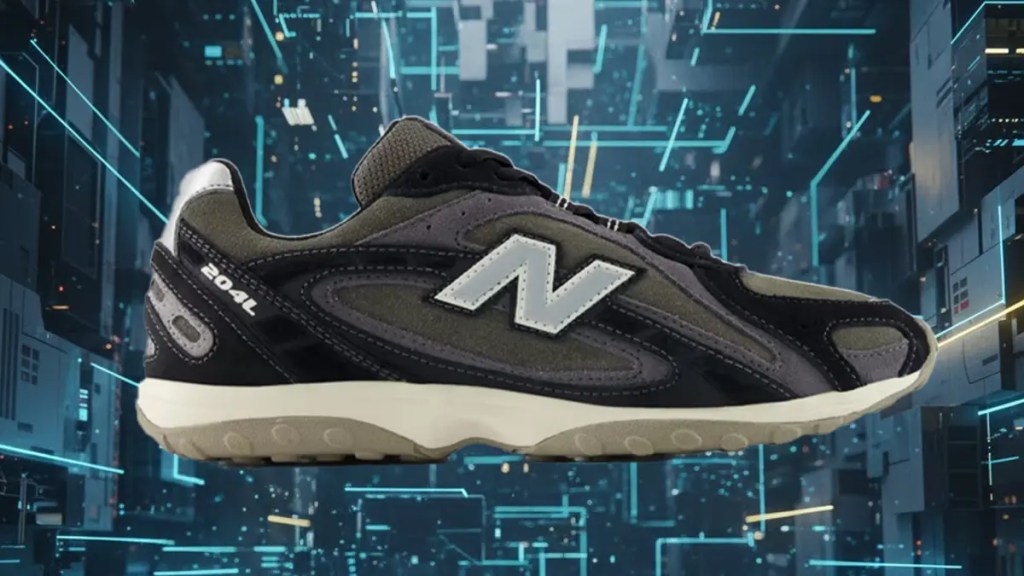 A professional product feature of the New Balance 204L Black Magnet sneaker floating within a futuristic 3D digital void. The background features glowing cyan circuit lines and dark industrial architecture, emphasizing the high-tech FuelCell performance of the shoe.