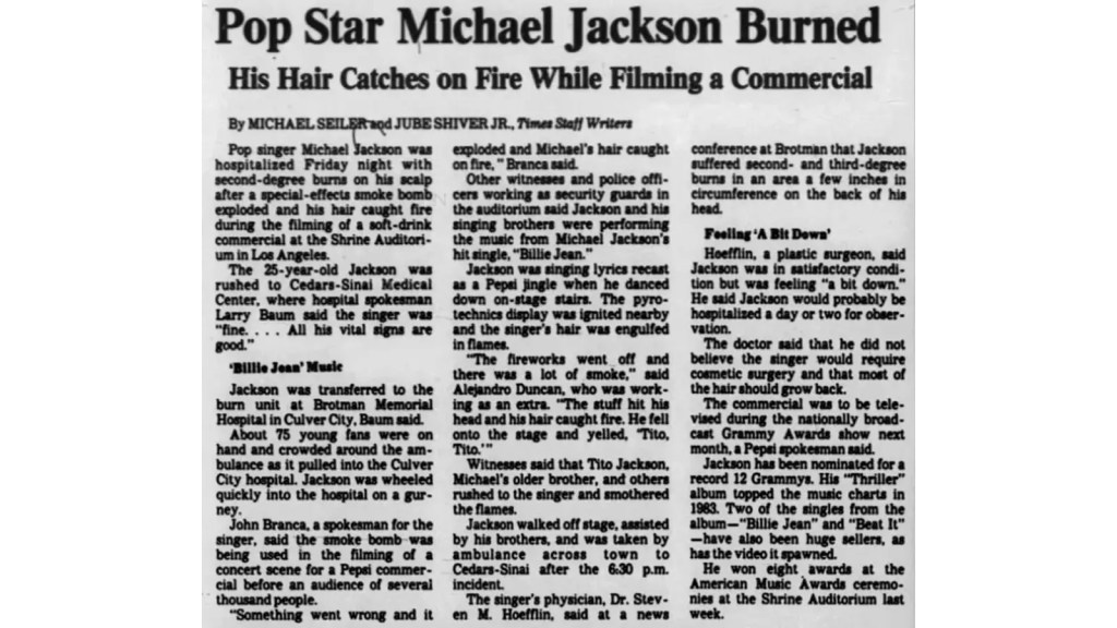 1984 newspaper clipping from the Los Angeles Times headline 'Michael Jackson Burned in Pepsi Ad Disaster' detailing the Shrine Auditorium pyrotechnic failure.