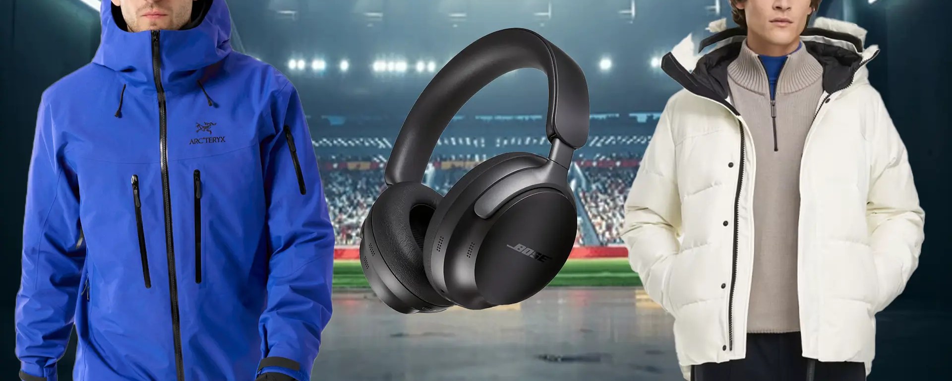 A collage of 2026 NFL Championship gear, including a Canada Goose parka, Nike sideline bomber, and Bose headphones, set against a cinematic stadium tunnel background.