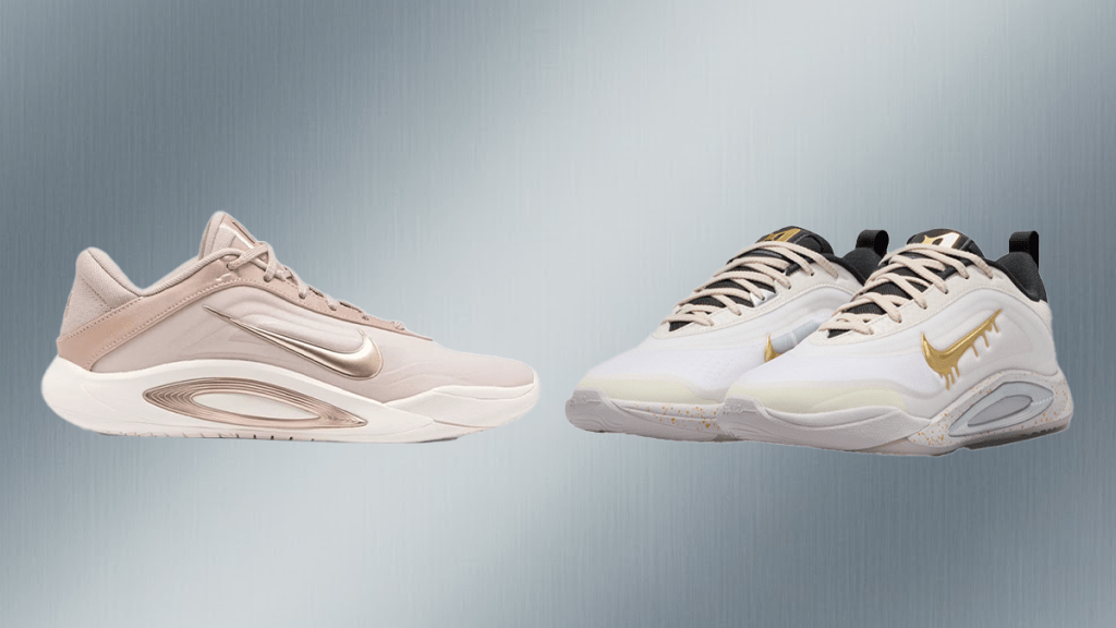 A high-resolution hero shot of the Nike A’One "Stone Mauve" and "Grill" signature shoes by A’ja Wilson, featuring metallic bronze accents and a pearl-textured Swoosh.