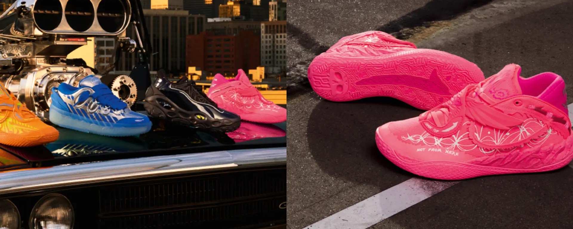 PUMA x Fast & Furious 2026 collection hero collage featuring the orange Supra MB.05, pink Suki S2000 MB.05, and black Dom Charger LaFrancé RNR.