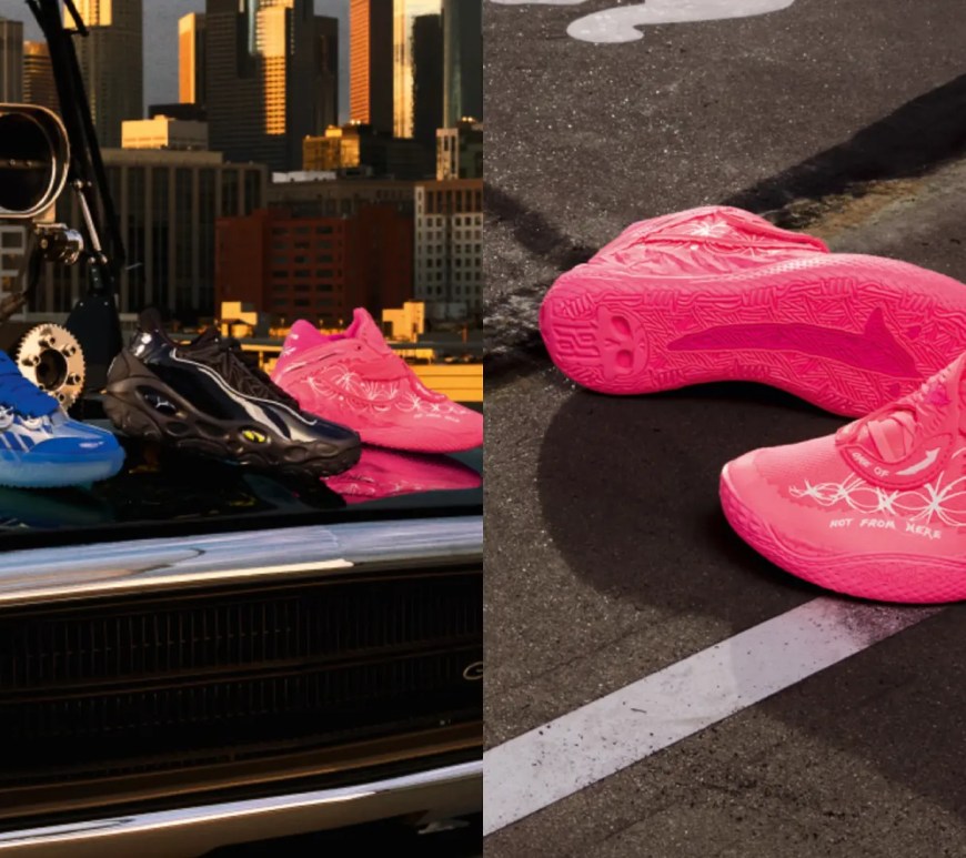 PUMA x Fast & Furious 2026 collection hero collage featuring the orange Supra MB.05, pink Suki S2000 MB.05, and black Dom Charger LaFrancé RNR.