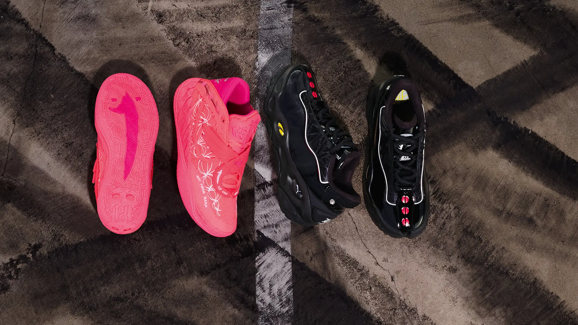 PUMA x Fast & Furious 2026 collection hero collage featuring the orange Supra MB.05, pink Suki S2000 MB.05, and black Dom Charger LaFrancé RNR.