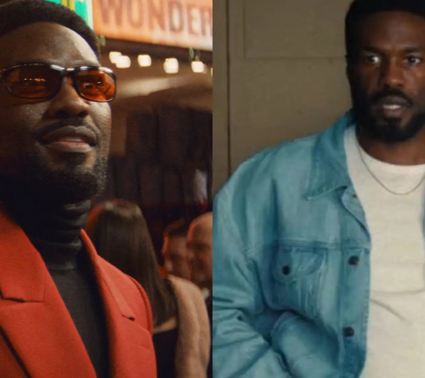 A side-by-side comparison of Simon Williams: on the left, wearing a technical orange utility jacket and sunglasses; on the right, in the 2026 Wonder Man superhero suit featuring a sleeveless black tactical vest with a red W and iconic red visors.