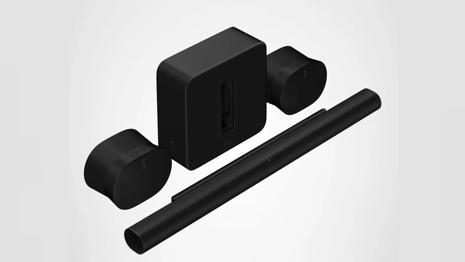 Sonos Arc Ultra soundbar with Sub 4 and Era 300 speakers positioned for 9.1.4 spatial audio in a modern home theater.