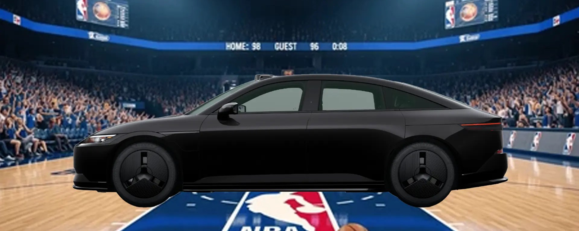 Sony-Honda AFEELA prototype electric vehicle positioned on a professional NBA basketball court for a technical audit.