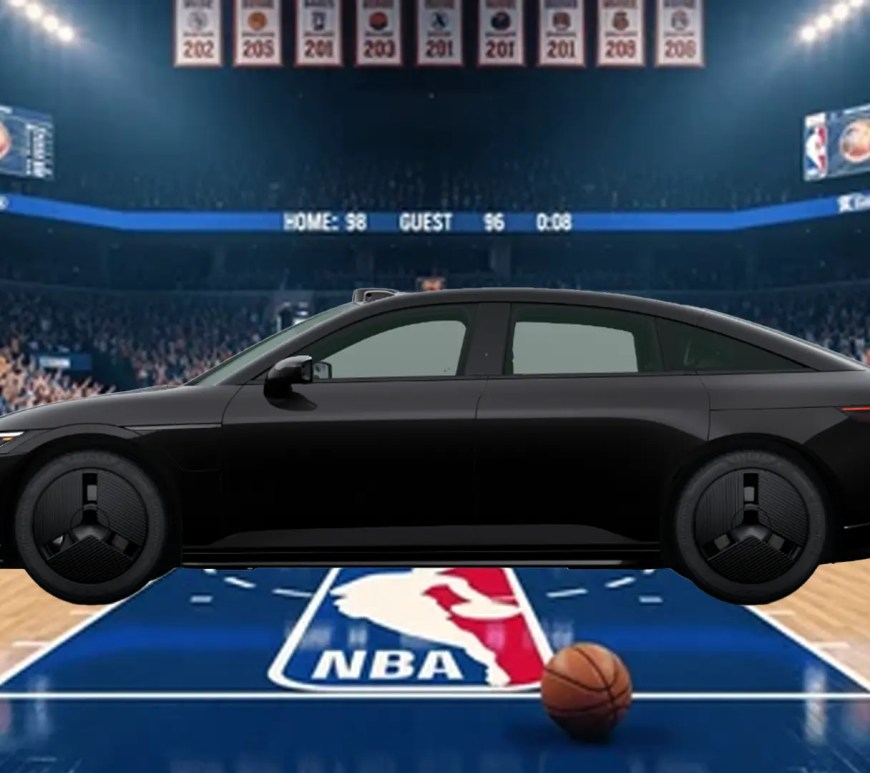Sony-Honda AFEELA prototype electric vehicle positioned on a professional NBA basketball court for a technical audit.
