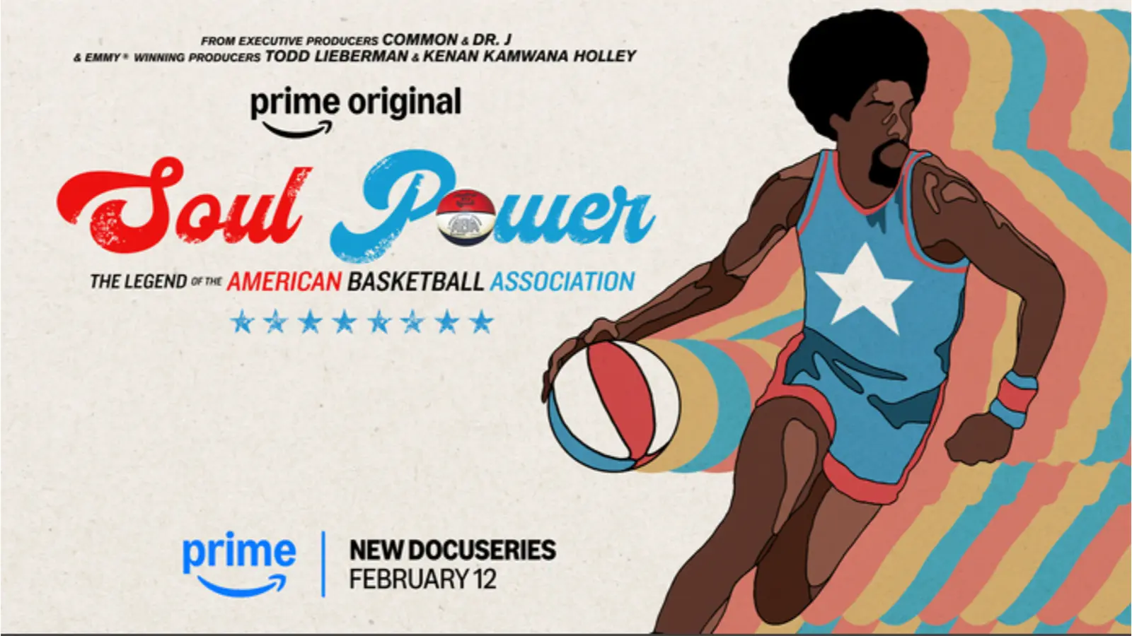 Official key art for Soul Power: The Legend of the American Basketball Association, a Prime Video docuseries executive produced by Common and Julius Erving.