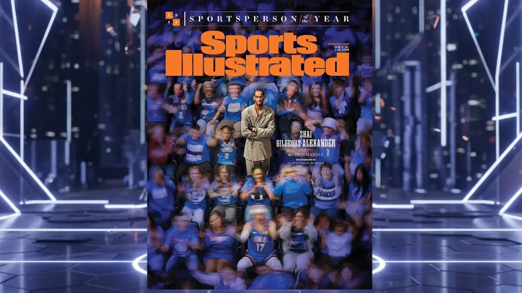 A high-end digital editorial composite featuring Shai Gilgeous-Alexander against a stylized, light-toned 3D basketball court environment for Decked Out Magazine.