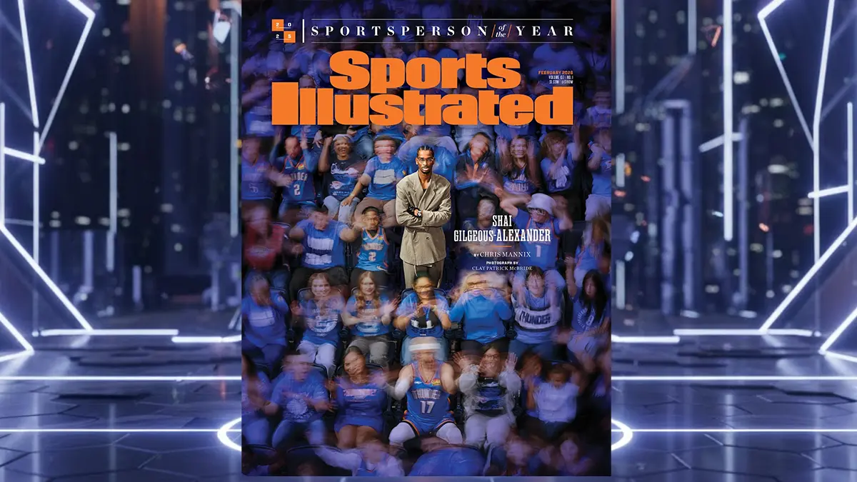 A high-end digital editorial composite featuring Shai Gilgeous-Alexander against a stylized, light-toned 3D basketball court environment for Decked Out Magazine.