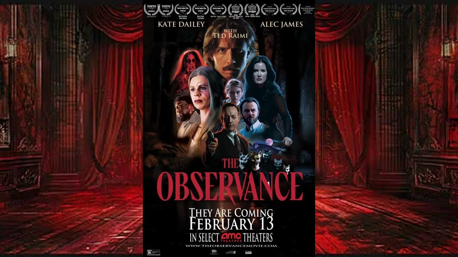 The Observance movie poster displayed on a digital screen inside a modern AMC Atlanta theater lobby.