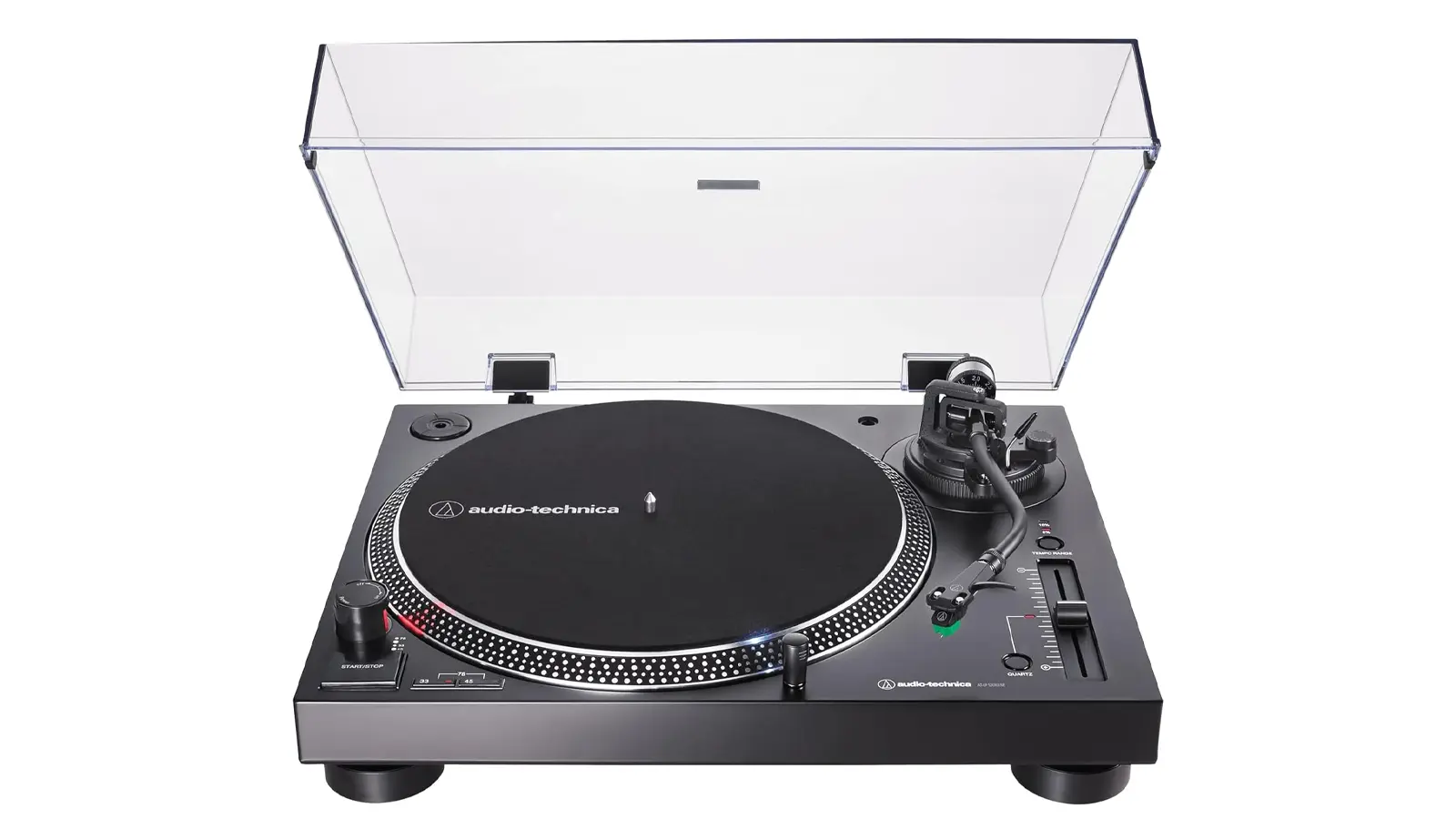 A high-angle studio shot of the Audio-Technica LP-120XUSB turntable in metallic silver. The image highlights the industrial S-shaped tonearm, the strobe platter, and the professional direct-drive motor assembly.