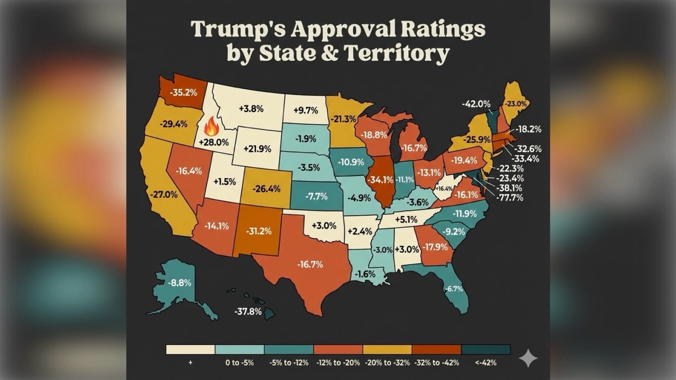 A stylized map of the United States displaying Donald Trump's net approval ratings for each state and territory. The graphic uses the "Decked Out" magazine color palette, featuring a dark charcoal background with states shaded in cream, teal, red, orange, and yellow to represent different percentage ranges. Each state is labeled with its corresponding approval or disapproval percentage. Idaho (+28.0%) is marked with a small fire icon to denote the highest rating, while negative ratings span down to -77.7% for Washington, D.C. A legend at the bottom indicates the percentage ranges associated with each color.