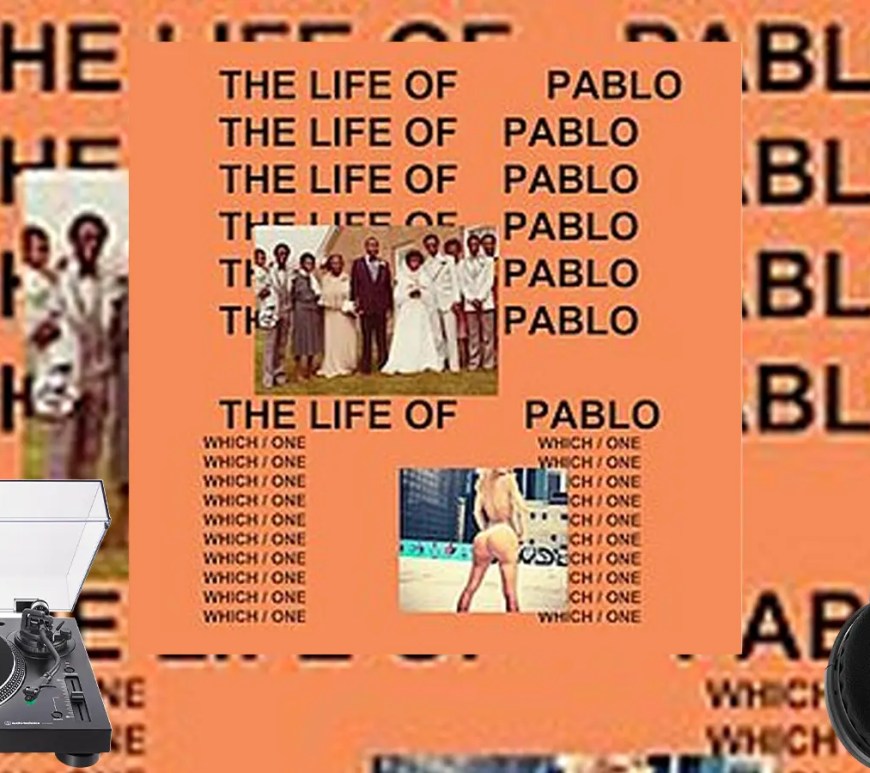 A collage of artifacts from the 2016 Life of Pablo era, featuring a high-fidelity Audio-Technica turntable, the iconic orange Cali DeWitt merch longsleeve and the Sennheiser HD 600 headphones.