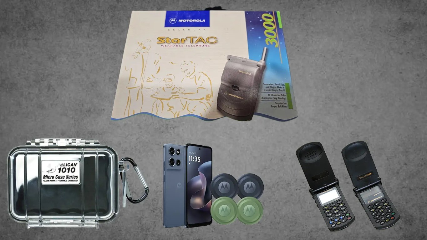 A hero collage for the StarTAC industrial audit, featuring the original 1996 Motorola StarTAC clamshell phone, the modern 2026 Motorola Razr+ foldable, and the rugged Pelican storage case used for hardware archiving. The images highlight 30 years of mechanical hinge engineering.