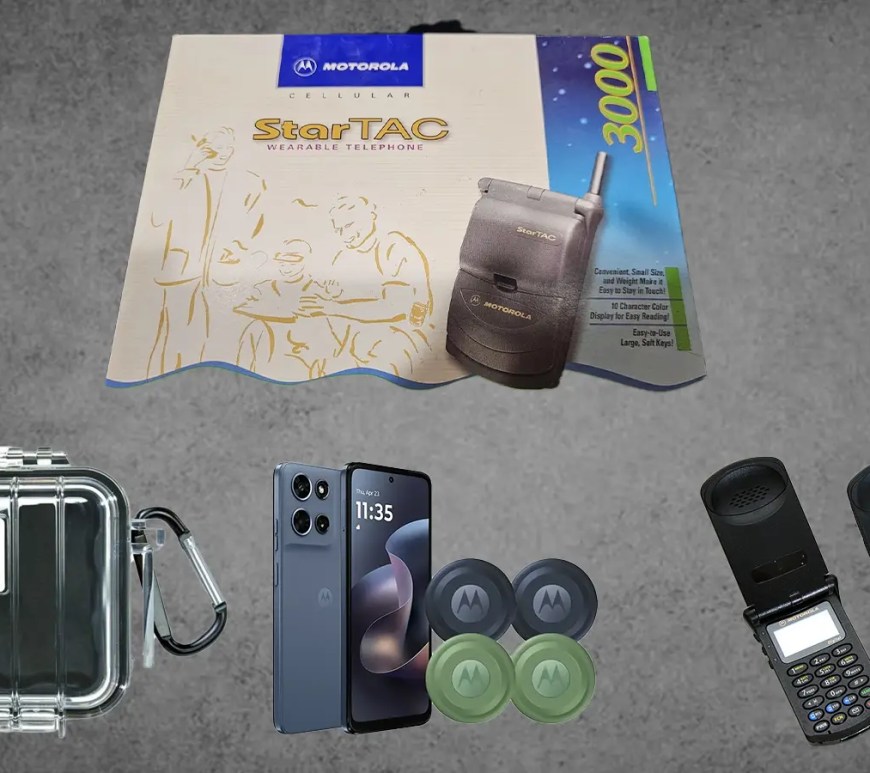 A hero collage for the StarTAC industrial audit, featuring the original 1996 Motorola StarTAC clamshell phone, the modern 2026 Motorola Razr+ foldable, and the rugged Pelican storage case used for hardware archiving. The images highlight 30 years of mechanical hinge engineering.