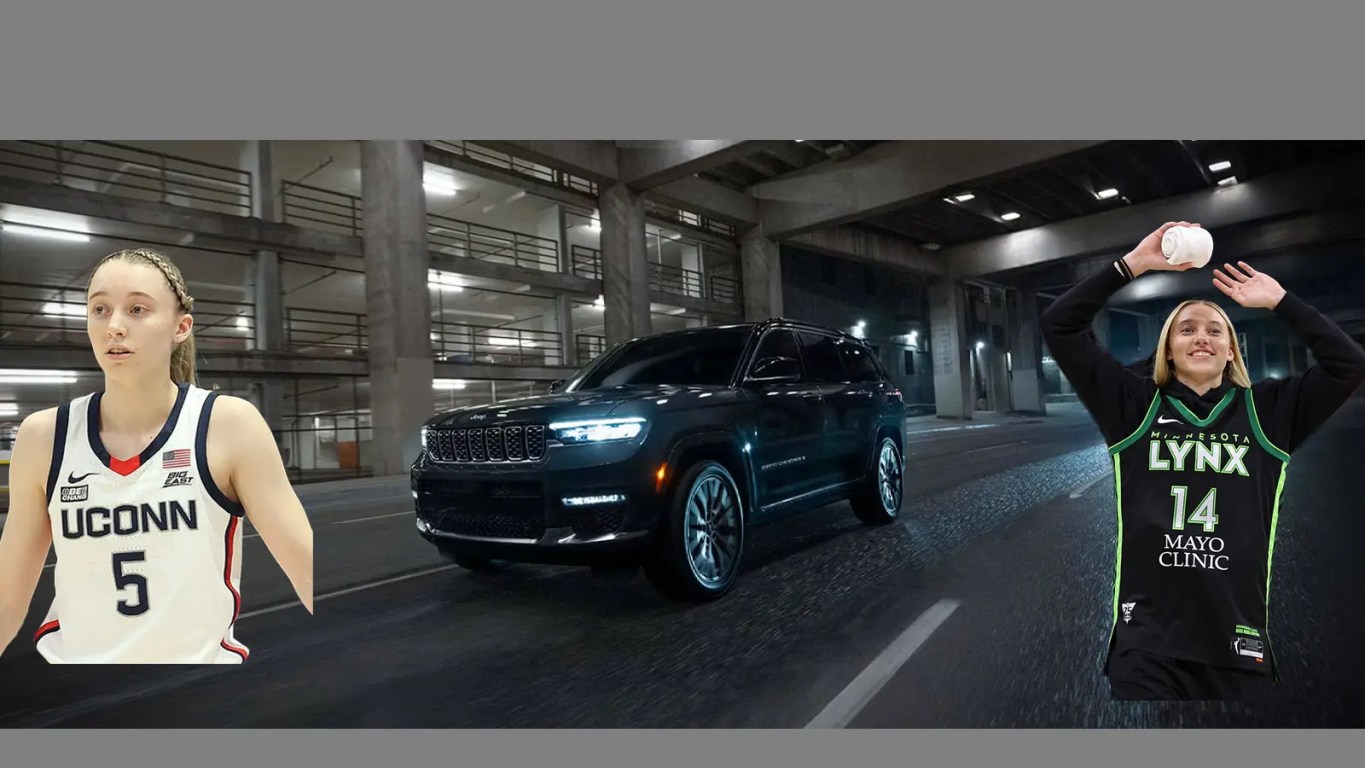 Action shot of Paige Bueckers on the basketball court, representing her professional transition to the Dallas Wings and her 2025 Jeep Grand Cherokee hardware stack.