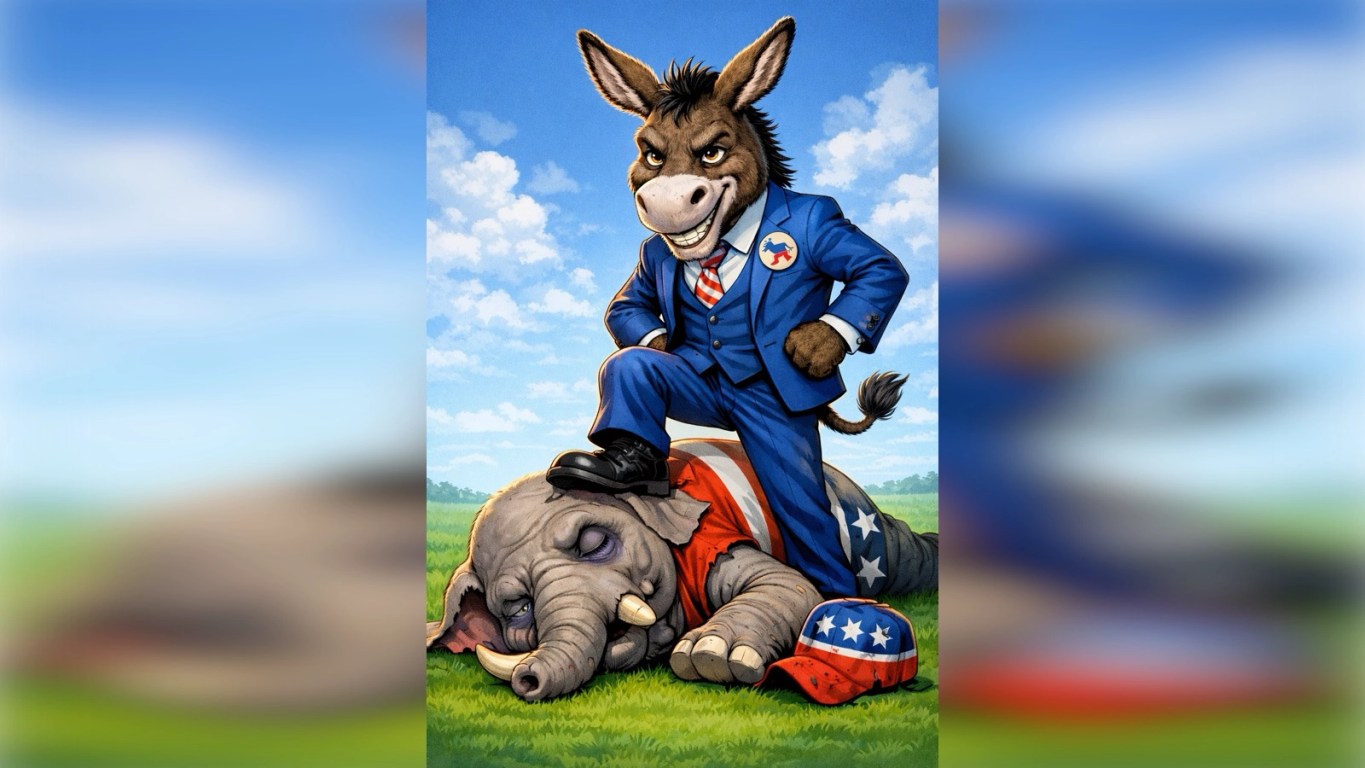 Cartoon illustration of a confident Democratic donkey in a blue suit standing with one foot on a defeated Republican elephant lying on green grass, under a bright blue sky with soft clouds. The scene is symbolic and nonviolent, styled like a modern political cartoon.