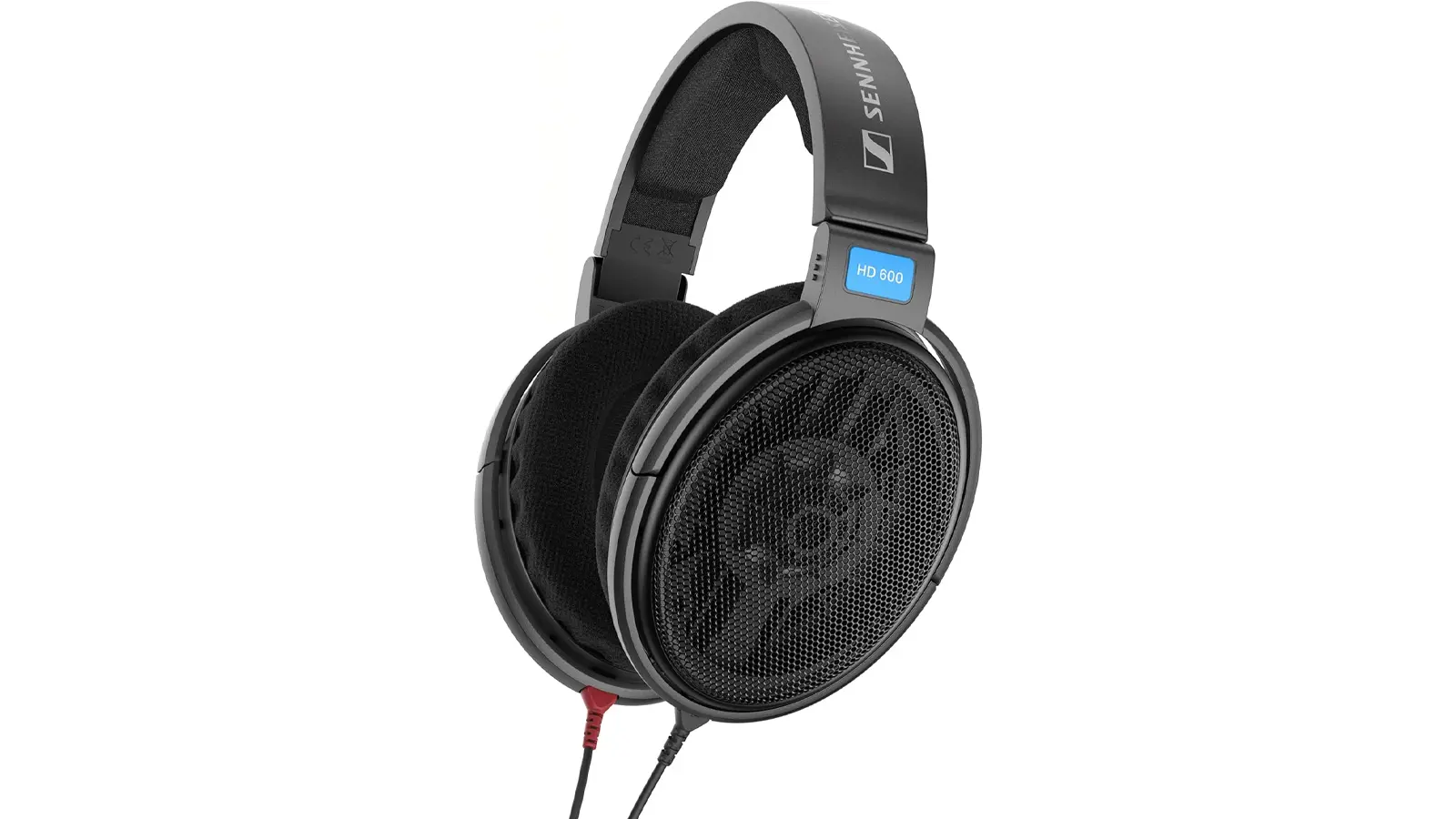 Close-up profile of the Sennheiser HD 600 open-back headphones. The image showcases the iconic marble-patterned finish and the steel mesh ear-cup grilles used for high-fidelity audio monitoring.