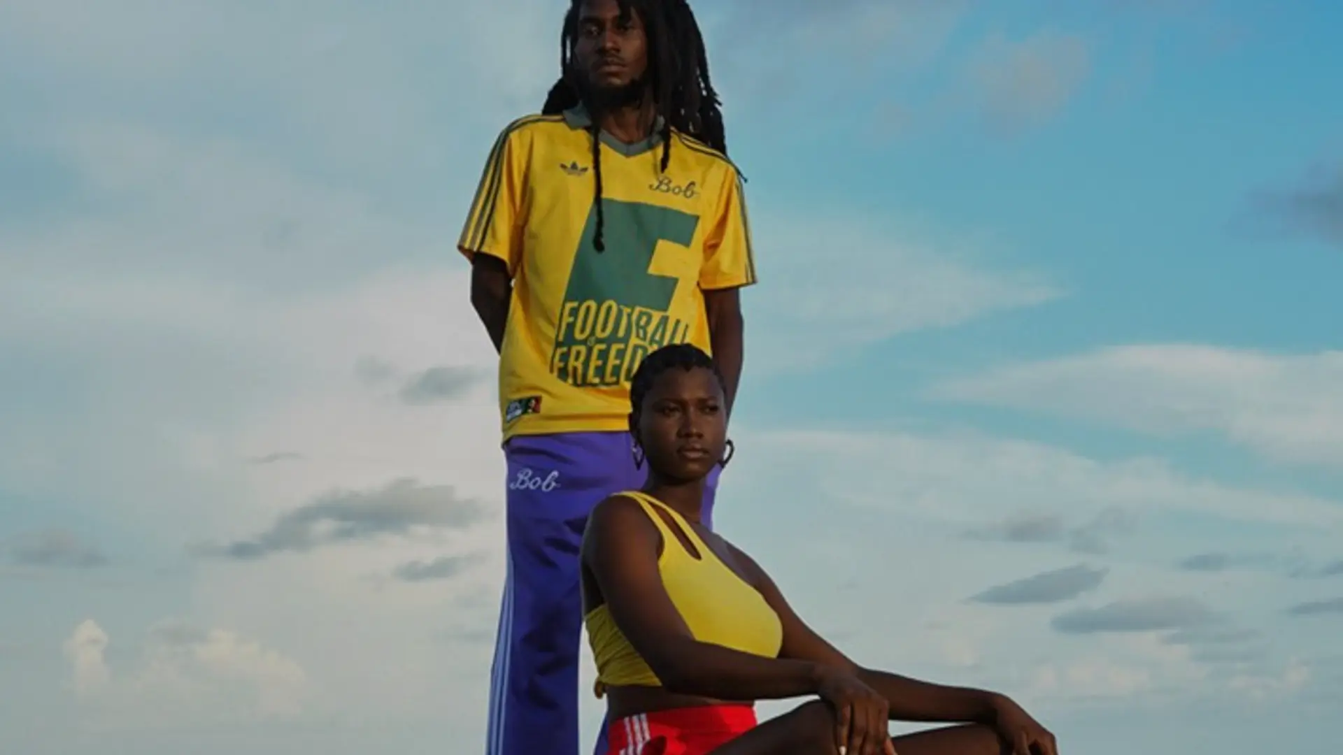 Adidas x Bob Marley 2026 collection "Football is Freedom" retro jersey in yellow and green.