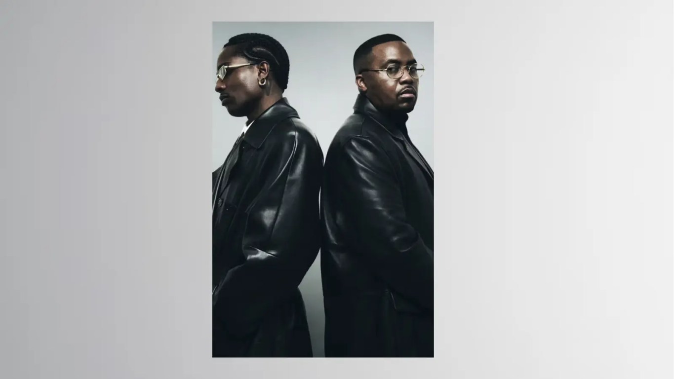 ASAP Rocky and Nas for Ray-Ban New Metal campaign in a blue-tinted New York diner featuring 90s minimalist wire-rim glasses.