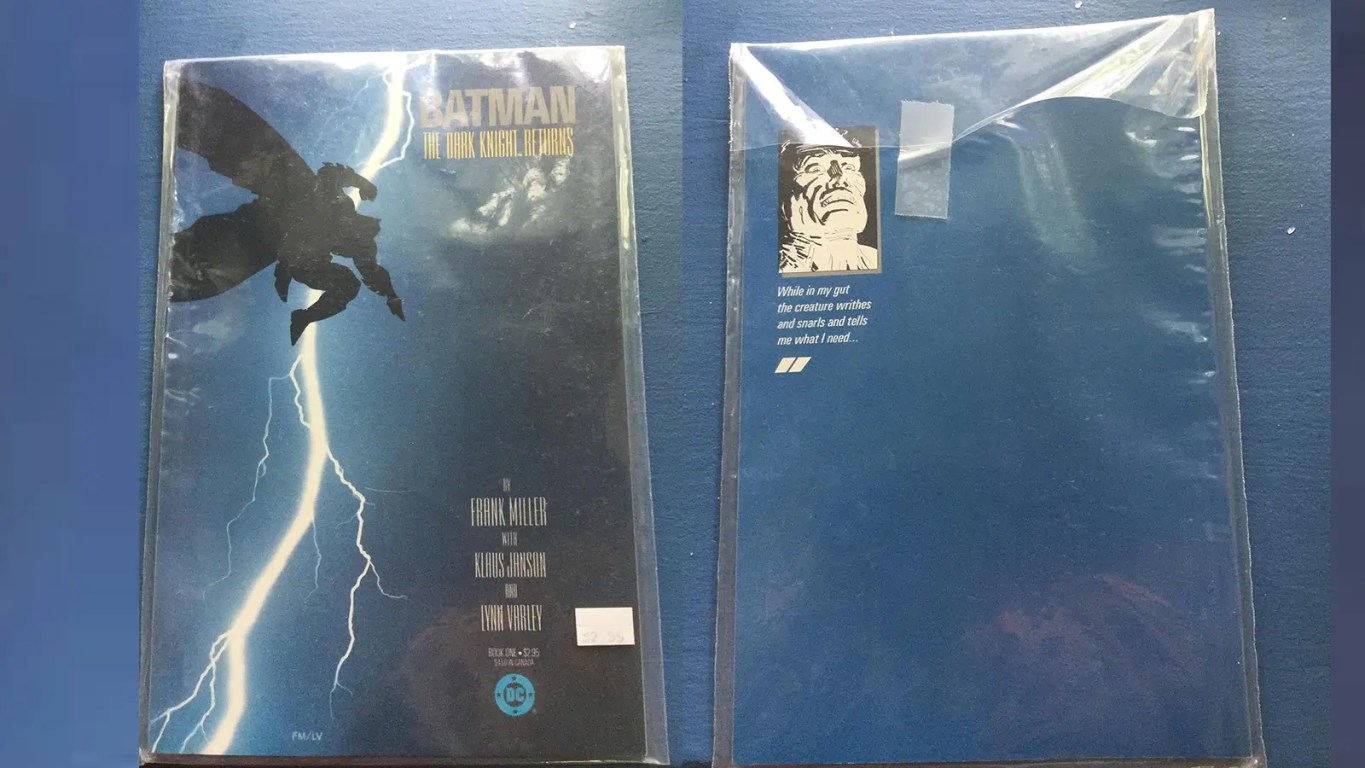 Front cover of the 1986 Batman: The Dark Knight Returns graphic novel as seen on Amazon, featuring Frank Miller's iconic lightning bolt silhouette.