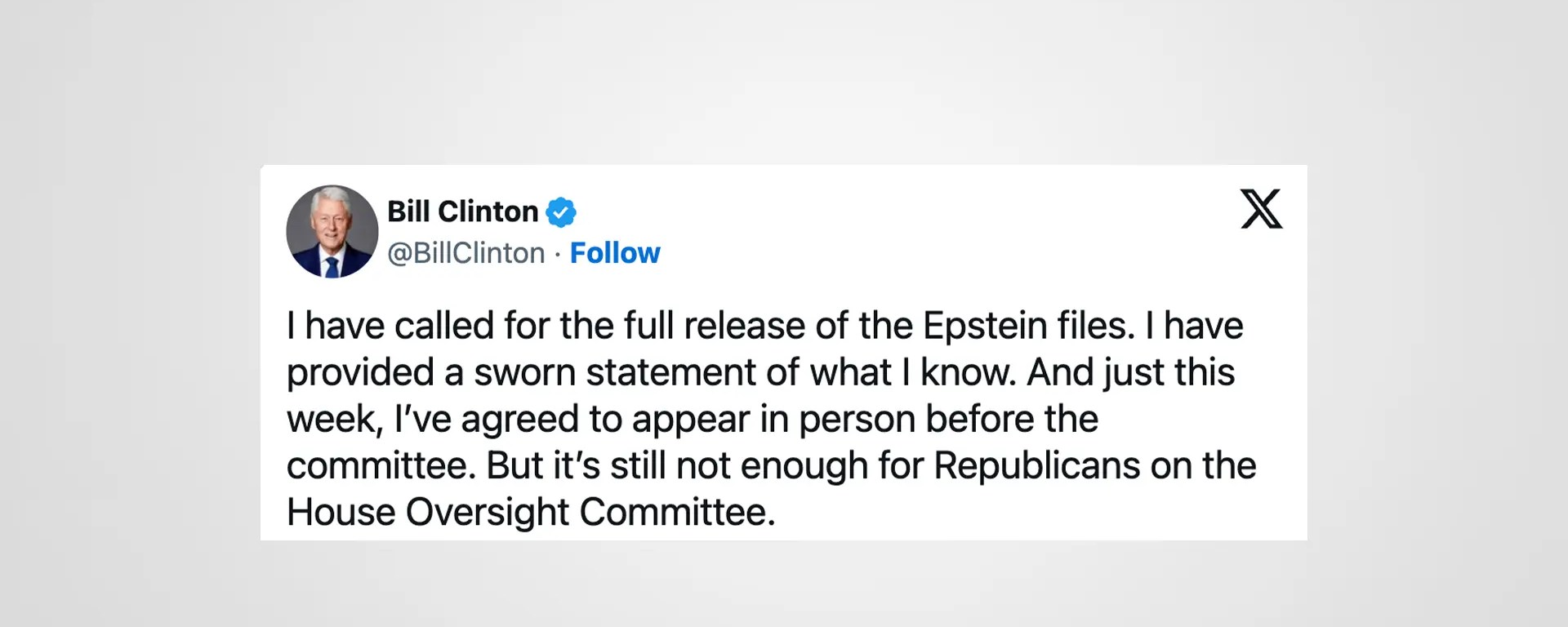 Screenshot of former President Bill Clinton’s X post calling for public hearings in the House investigation, labeling closed-door depositions a 'kangaroo court' amidst a week of political reckoning.