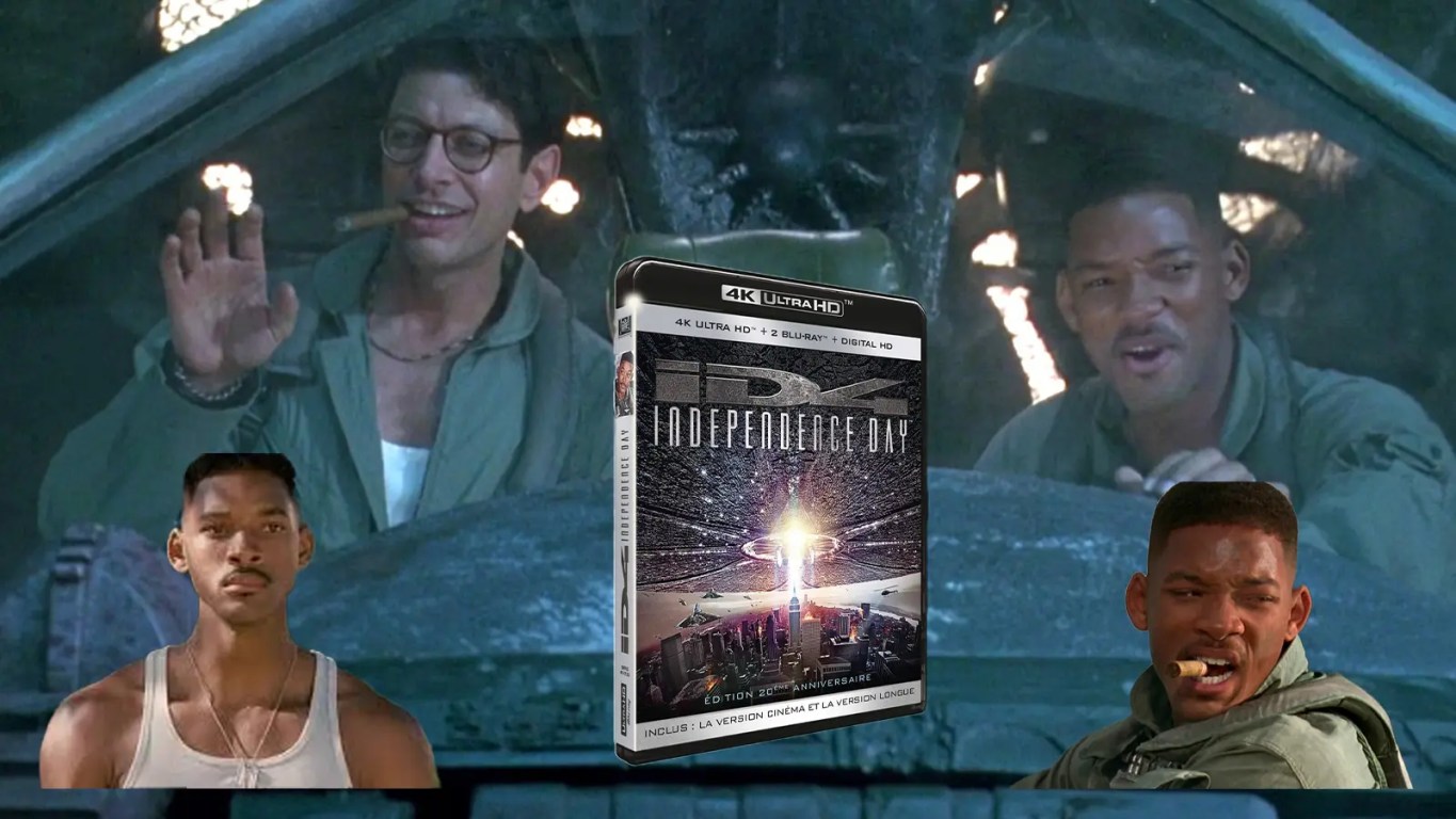 A cinematic wide shot from the 1996 film Independence Day showing the massive alien City Destroyer spacecraft emerging from the clouds over a metropolitan skyline.