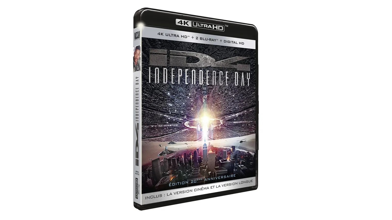 The 4K Ultra HD Blu-ray cover for Independence Day, featuring the iconic alien destroyer hovering over the New York City skyline.