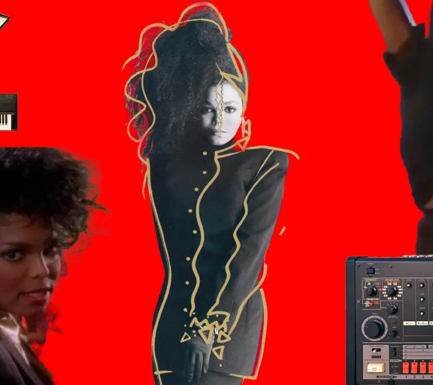 A composite image featuring the 1986 Janet Jackson Control vinyl cover alongside the LinnDrum LM-2 and Yamaha DX7 hardware used to engineer the Minneapolis Sound.