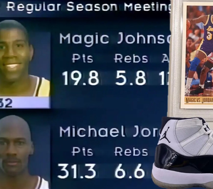 A high-fidelity game screenshot of Michael Jordan in a Chicago Bulls away jersey and Magic Johnson in a Los Angeles Lakers home jersey at the Great Western Forum in 1996.