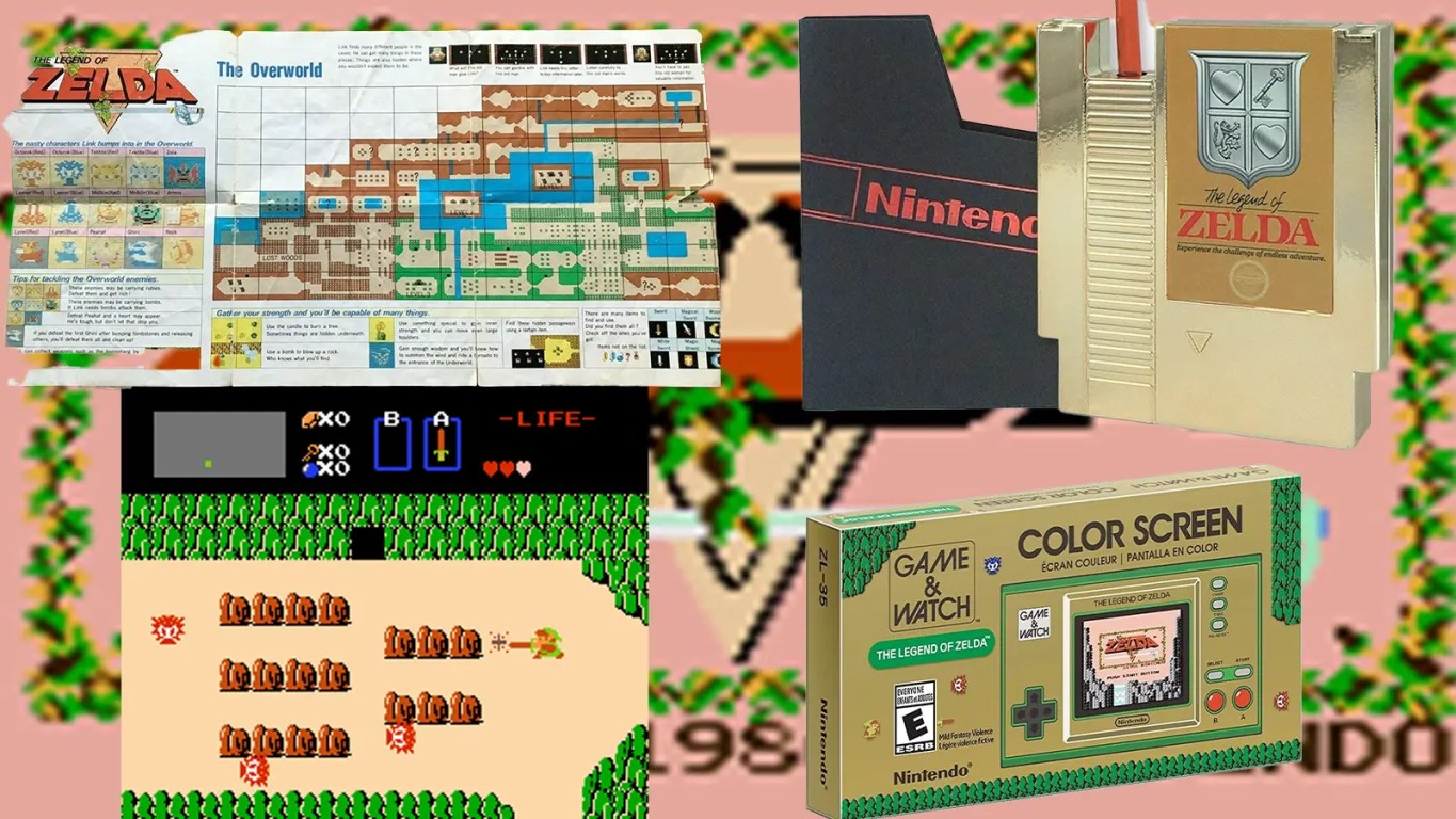 A comparative hardware collage featuring the 1986 gold NES cartridge, the Switch Collector's Edition steelbook, and the Zelda Game and Watch, documenting 40 years of Nintendo's industrial design aesthetic.