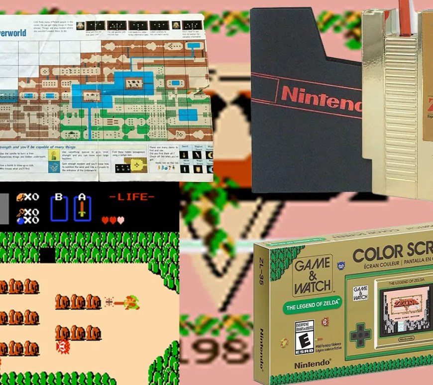 A comparative hardware collage featuring the 1986 gold NES cartridge, the Switch Collector's Edition steelbook, and the Zelda Game and Watch, documenting 40 years of Nintendo's industrial design aesthetic.